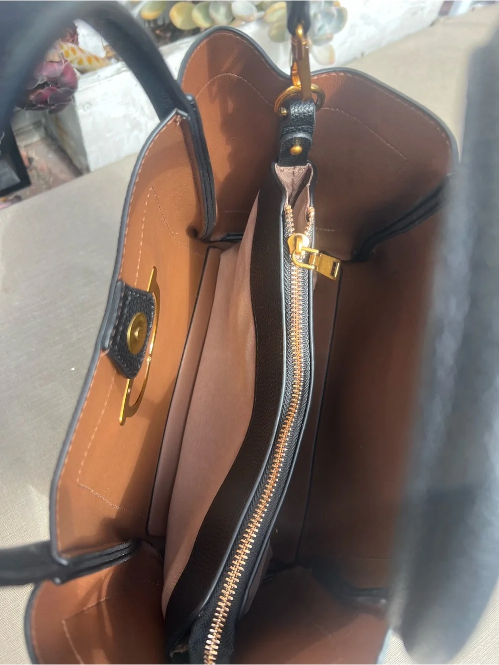 Black Pebbled Leather Tote with Gold Hardware